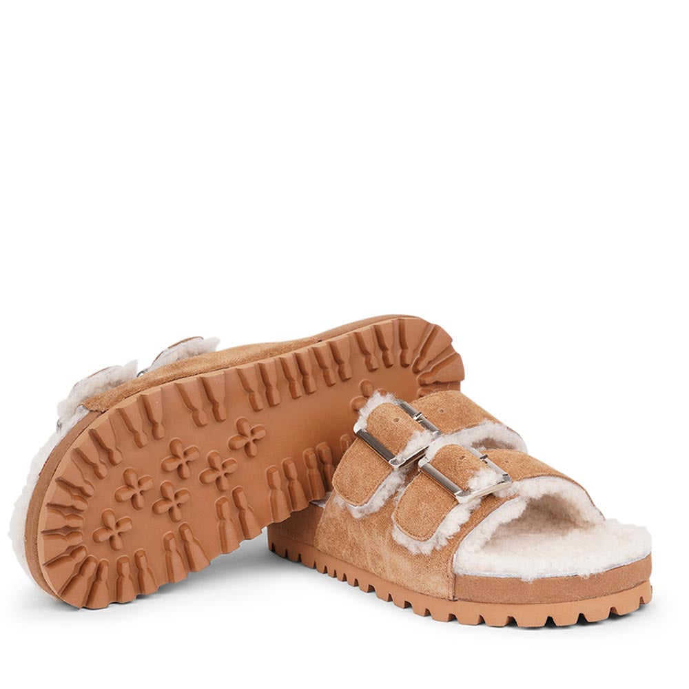 Lovelies Studio - Adjustable suede sandals with shearling lining Lovelies shearling sandals will bring softness and warmth to your feet this autumn. The combination of soft shearling and the durable cork and rubber sole guarantees the utmost comfort to the wearer.