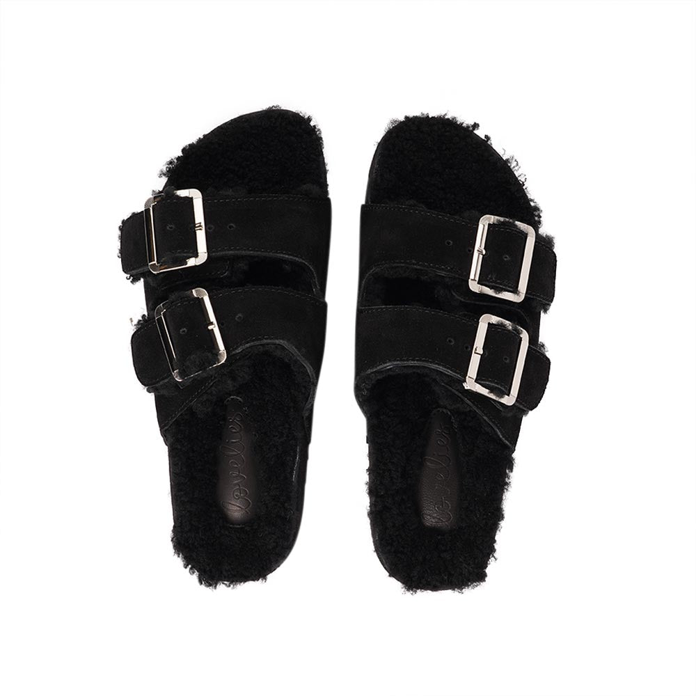 Lovelies Studio - Adjustable suede sandals with shearling lining Lovelies shearling sandals will bring softness and warmth to your feet this autumn. The combination of soft shearling and the durable cork and rubber sole guarantees the utmost comfort to the wearer.