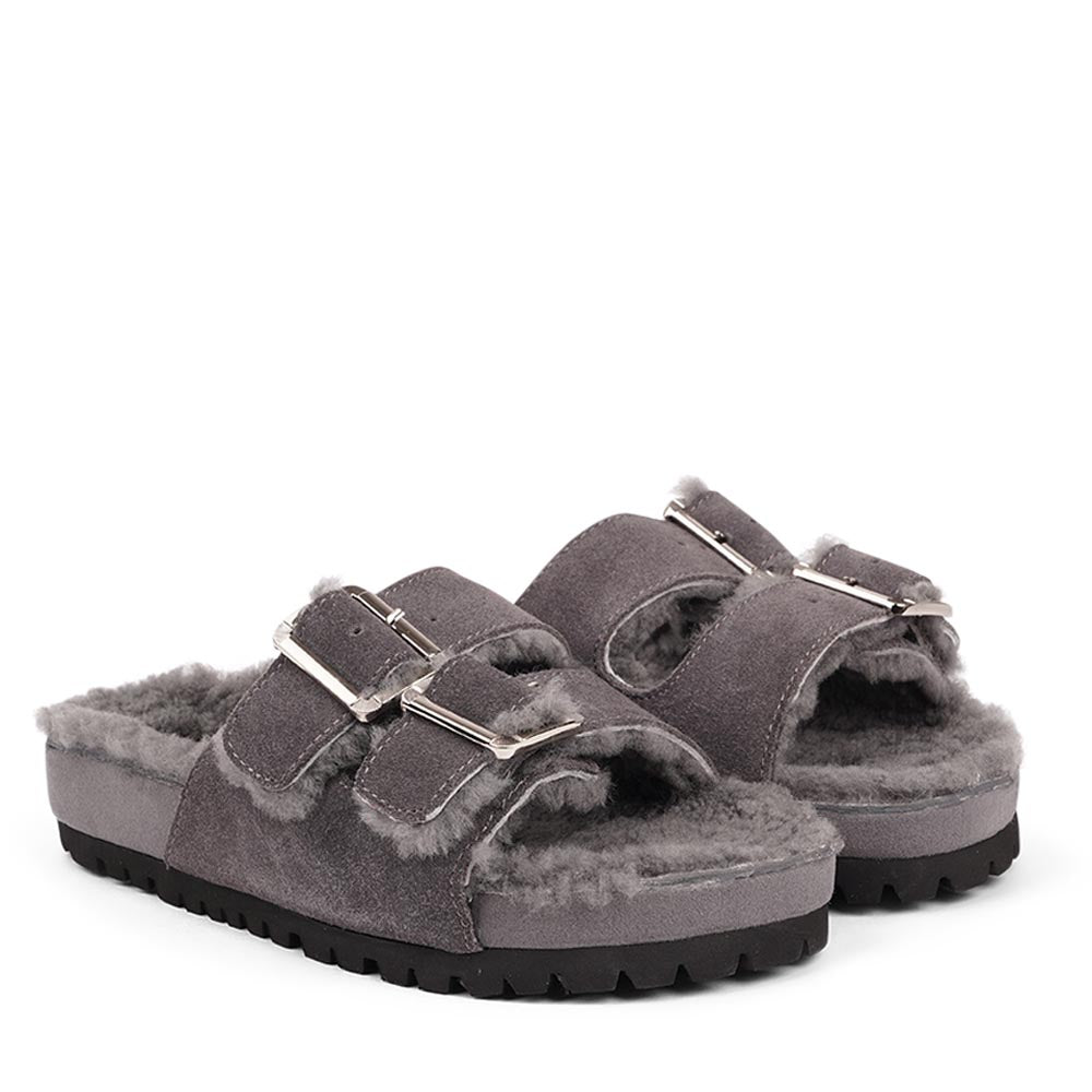 Lovelies Studio - Adjustable suede sandals with shearling lining Lovelies shearling sandals will bring softness and warmth to your feet this autumn. The combination of soft shearling and the durable cork and rubber sole guarantees the utmost comfort to the wearer.