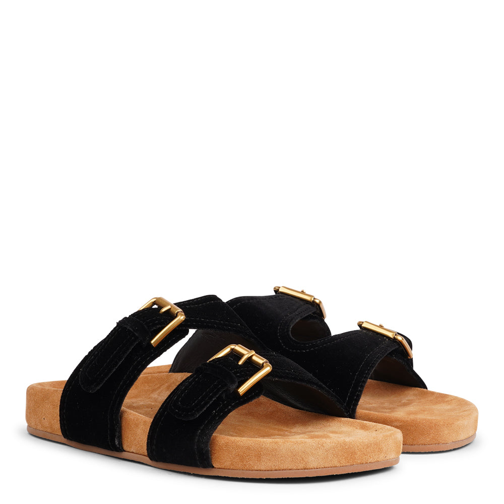 Lovelies Studio - Donori - Velvet double-strap sandals — a perfect blend of laid-back ease and refined luxury. Crafted from plush velvet with a smooth skin lining, they feature two wide straps with adjustable gold-tone buckles for a personalized fit. The contoured footbed, wrapped in premium suede, offers gentle support, while the lightweight sole ensures effortless wear from indoors to out. Ideal for relaxed days, sunny escapes, or stylish lounging at home.Adjustable gold-tone buckles