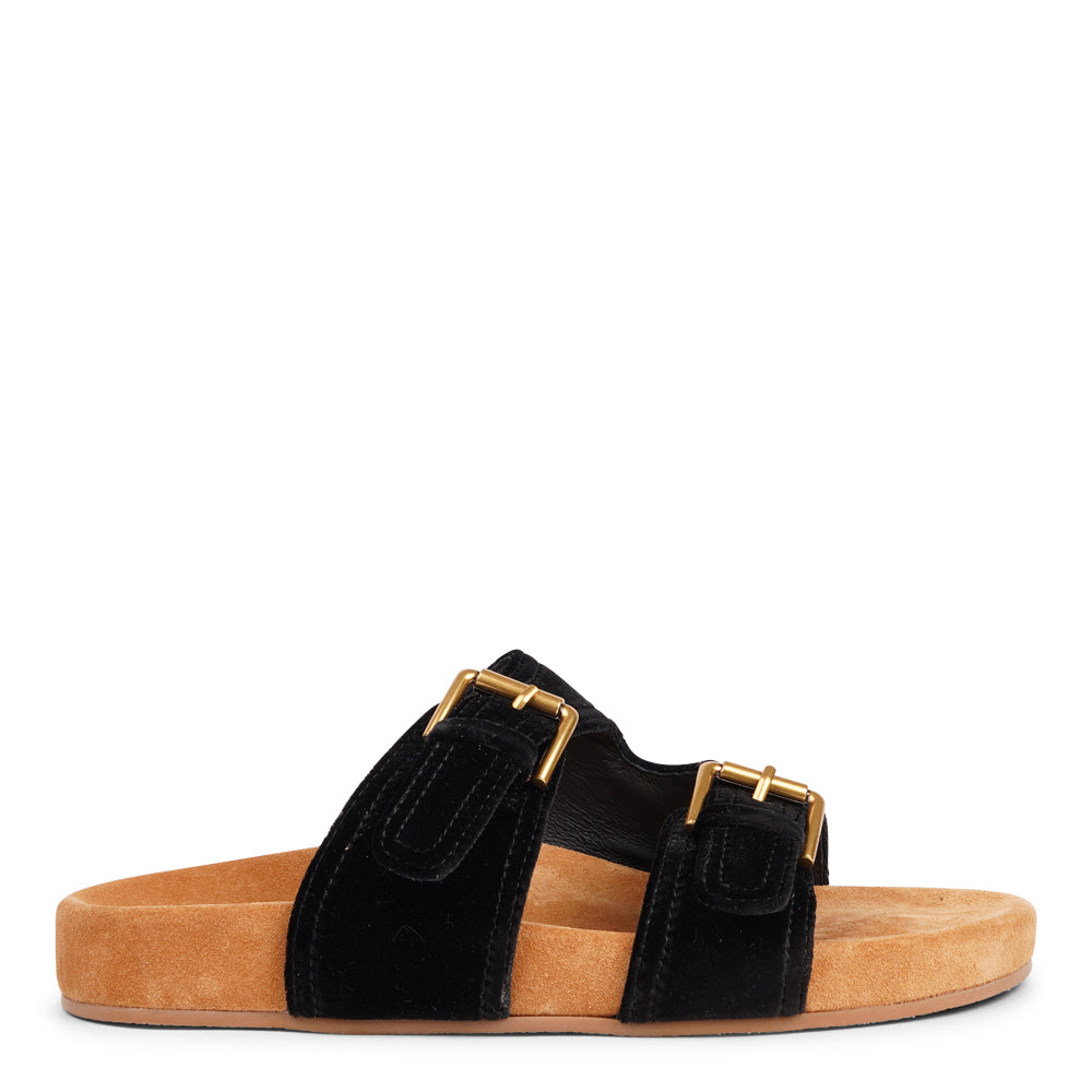 Lovelies Studio - Donori - Velvet double-strap sandals — a perfect blend of laid-back ease and refined luxury. Crafted from plush velvet with a smooth skin lining, they feature two wide straps with adjustable gold-tone buckles for a personalized fit. The contoured footbed, wrapped in premium suede, offers gentle support, while the lightweight sole ensures effortless wear from indoors to out. Ideal for relaxed days, sunny escapes, or stylish lounging at home.Adjustable gold-tone buckles