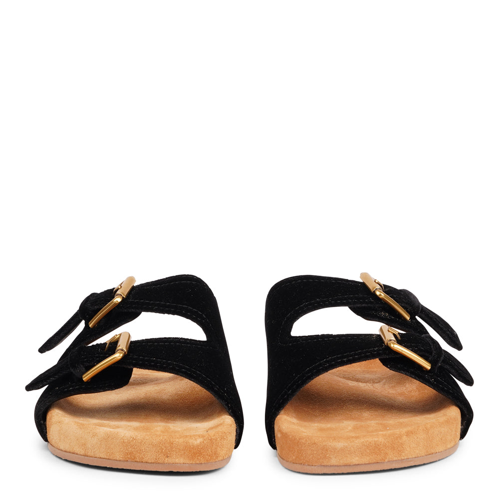 Lovelies Studio - Donori - Velvet double-strap sandals — a perfect blend of laid-back ease and refined luxury. Crafted from plush velvet with a smooth skin lining, they feature two wide straps with adjustable gold-tone buckles for a personalized fit. The contoured footbed, wrapped in premium suede, offers gentle support, while the lightweight sole ensures effortless wear from indoors to out. Ideal for relaxed days, sunny escapes, or stylish lounging at home.Adjustable gold-tone buckles