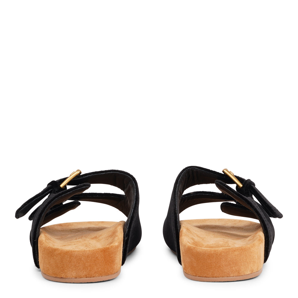 Lovelies Studio - Donori - Velvet double-strap sandals — a perfect blend of laid-back ease and refined luxury. Crafted from plush velvet with a smooth skin lining, they feature two wide straps with adjustable gold-tone buckles for a personalized fit. The contoured footbed, wrapped in premium suede, offers gentle support, while the lightweight sole ensures effortless wear from indoors to out. Ideal for relaxed days, sunny escapes, or stylish lounging at home.Adjustable gold-tone buckles