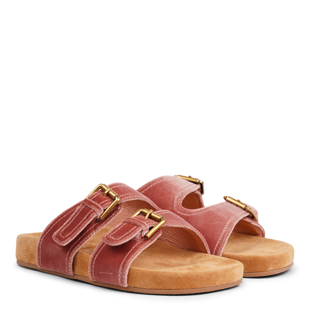 Lovelies Studio - Donori - Velvet double-strap sandals — a perfect blend of laid-back ease and refined luxury. Crafted from plush velvet with a smooth skin lining, they feature two wide straps with adjustable gold-tone buckles for a personalized fit. The contoured footbed, wrapped in premium suede, offers gentle support, while the lightweight sole ensures effortless wear from indoors to out. Ideal for relaxed days, sunny escapes, or stylish lounging at home.Adjustable gold-tone buckles