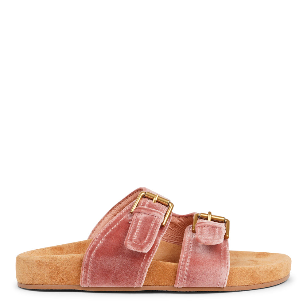 Lovelies Studio - Donori - Velvet double-strap sandals — a perfect blend of laid-back ease and refined luxury. Crafted from plush velvet with a smooth skin lining, they feature two wide straps with adjustable gold-tone buckles for a personalized fit. The contoured footbed, wrapped in premium suede, offers gentle support, while the lightweight sole ensures effortless wear from indoors to out. Ideal for relaxed days, sunny escapes, or stylish lounging at home.Adjustable gold-tone buckles