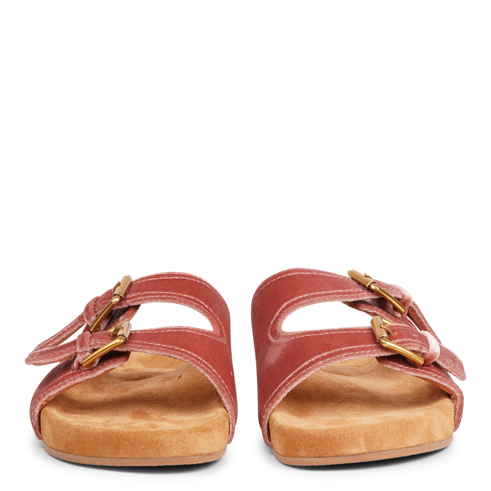 Lovelies Studio - Donori - Velvet double-strap sandals — a perfect blend of laid-back ease and refined luxury. Crafted from plush velvet with a smooth skin lining, they feature two wide straps with adjustable gold-tone buckles for a personalized fit. The contoured footbed, wrapped in premium suede, offers gentle support, while the lightweight sole ensures effortless wear from indoors to out. Ideal for relaxed days, sunny escapes, or stylish lounging at home.Adjustable gold-tone buckles