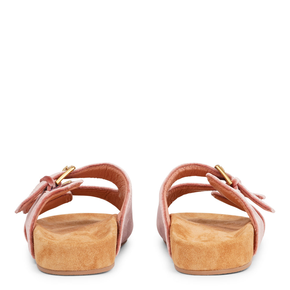 Lovelies Studio - Donori - Velvet double-strap sandals — a perfect blend of laid-back ease and refined luxury. Crafted from plush velvet with a smooth skin lining, they feature two wide straps with adjustable gold-tone buckles for a personalized fit. The contoured footbed, wrapped in premium suede, offers gentle support, while the lightweight sole ensures effortless wear from indoors to out. Ideal for relaxed days, sunny escapes, or stylish lounging at home.Adjustable gold-tone buckles