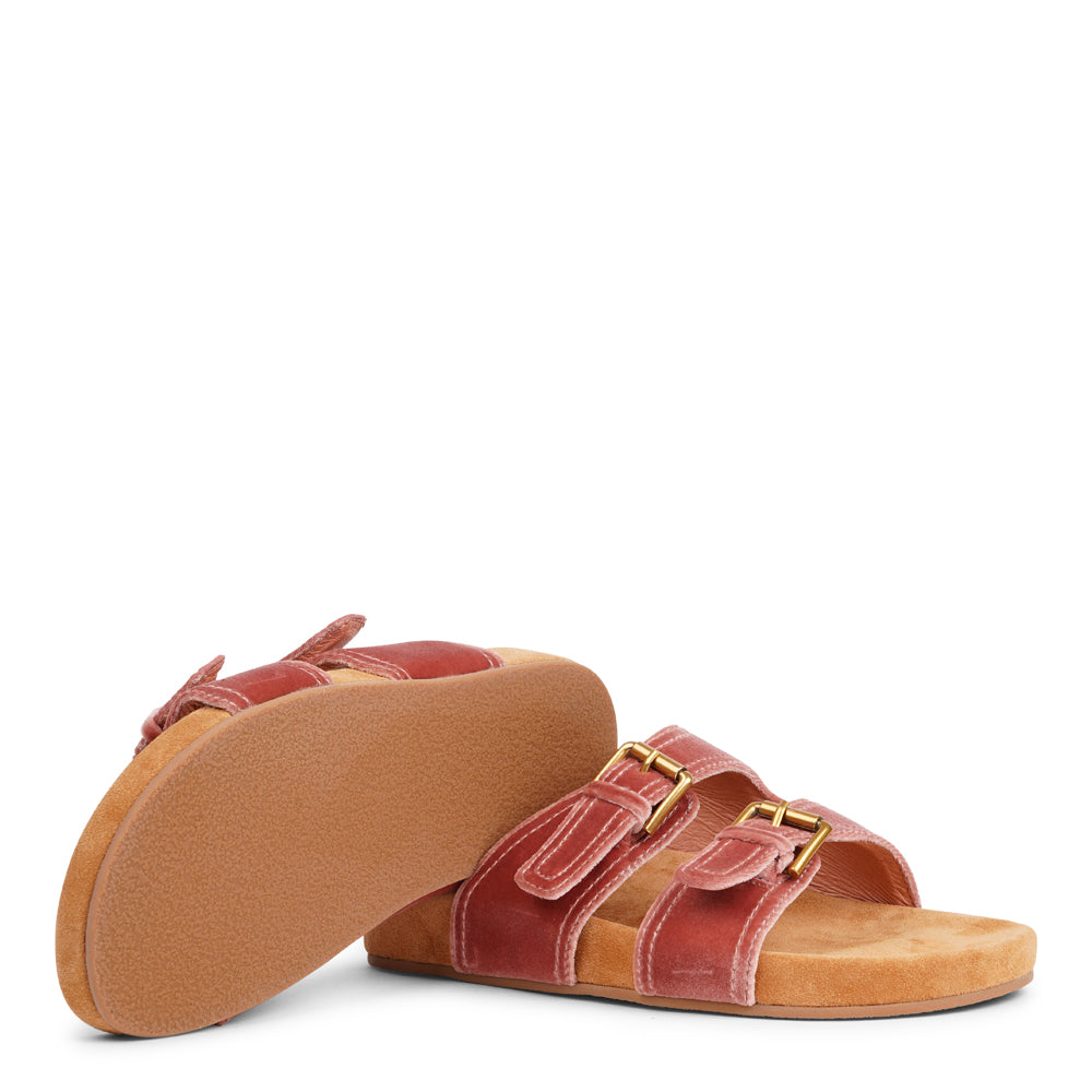 Lovelies Studio - Donori - Velvet double-strap sandals — a perfect blend of laid-back ease and refined luxury. Crafted from plush velvet with a smooth skin lining, they feature two wide straps with adjustable gold-tone buckles for a personalized fit. The contoured footbed, wrapped in premium suede, offers gentle support, while the lightweight sole ensures effortless wear from indoors to out. Ideal for relaxed days, sunny escapes, or stylish lounging at home.Adjustable gold-tone buckles