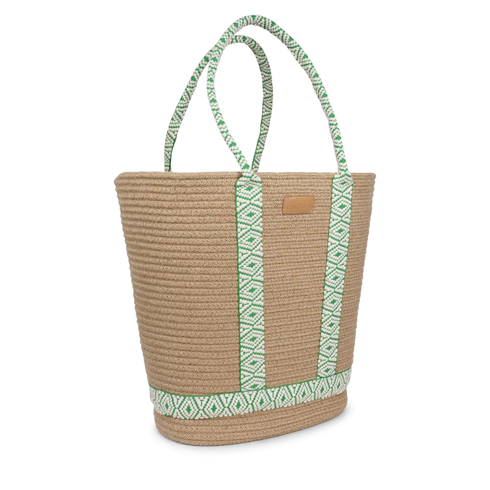 This chic and practical carryall blends natural materials with a vibrant touch of pattern. Crafted from sturdy rope in a warm neutral shade, it showcases eye-catching, colorful woven webbing straps that enhance both its style and structure. Lightweight and roomy, it's ideal for beach days, market visits, or carrying everyday essentials.