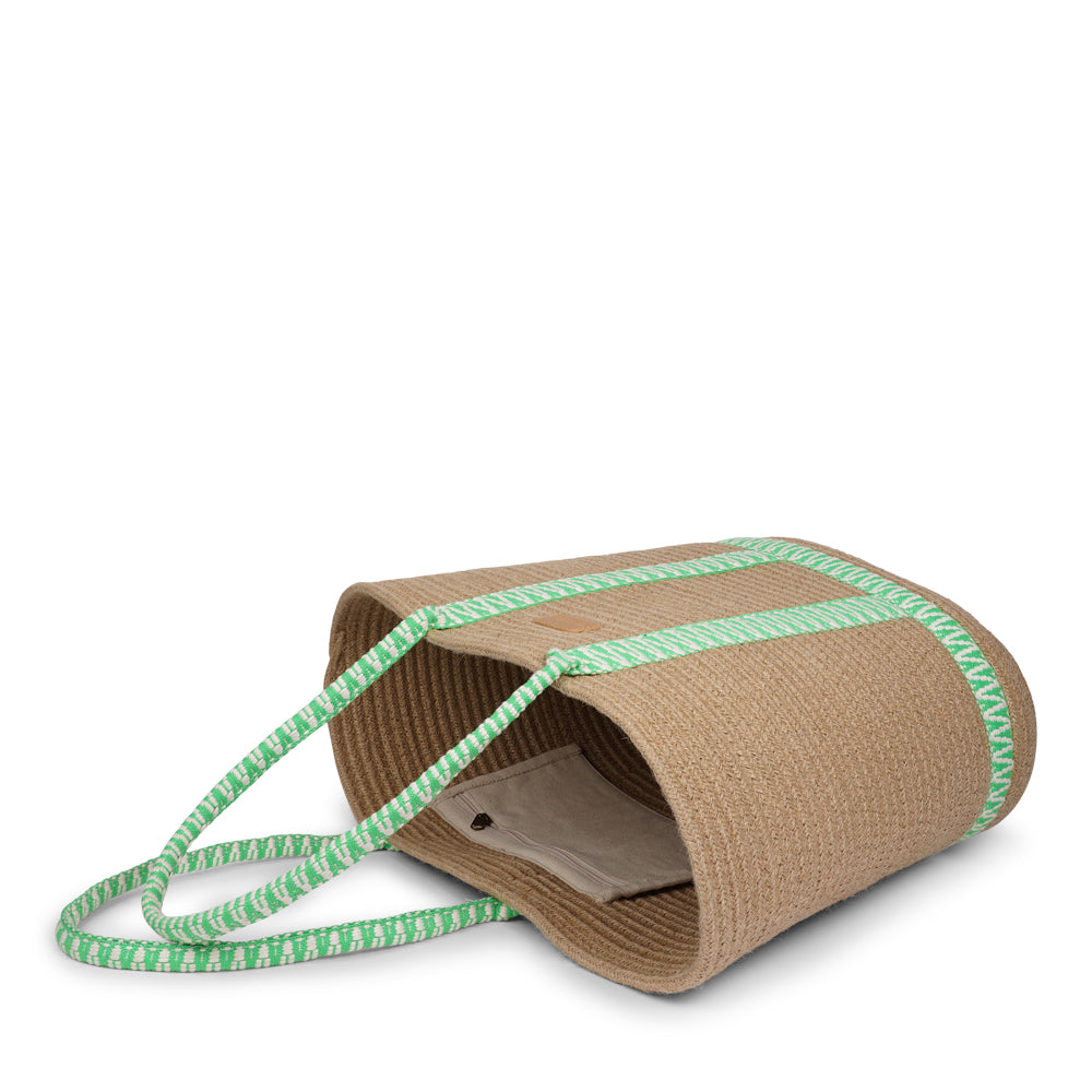 This chic and practical carryall blends natural materials with a vibrant touch of pattern. Crafted from sturdy rope in a warm neutral shade, it showcases eye-catching, colorful woven webbing straps that enhance both its style and structure. Lightweight and roomy, it's ideal for beach days, market visits, or carrying everyday essentials.