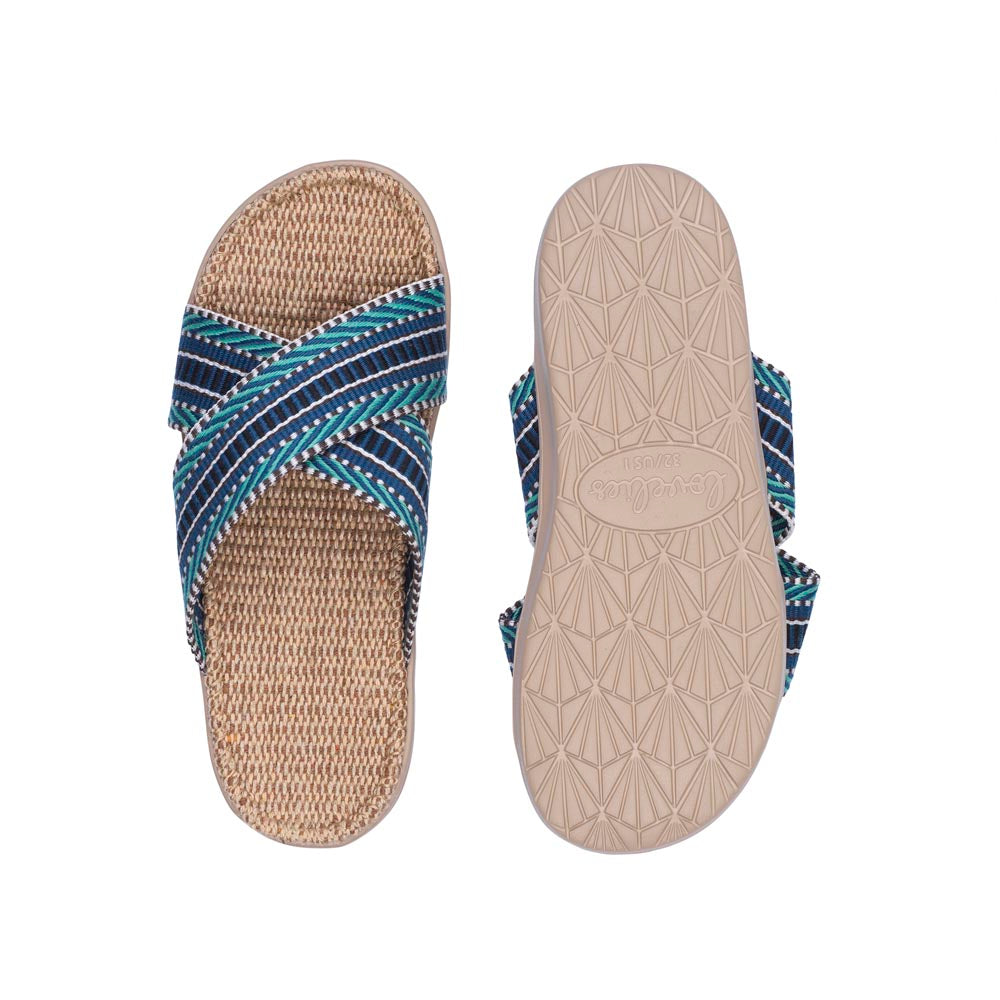 Summer sandals from danish brand Lovelies. The rubber sole is nice and soft which makes the sandal very comfortable. The inner sole is covered with woven jute and the straps are med of fine cotton. Sandal with woven straps. Harmal sandal from Lovelies in Denmark. The beautiful sandal is made of a soft rubber sole with natural jute and woven cotton straps.The soft inner sole is covered with jute.