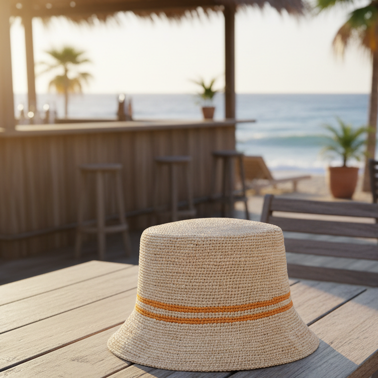 Lovelies Studio - The Marconi bucket hat, a stunning creation meticulously crafted by local artisans in Madagascar exclusively for Lovelies Studio. Made from raffia, a natural fiber renowned for its durability and flexibility, the Marconi bucket hat is not only stylish but also eco-friendly. The raffia is carefully colored by hand using traditional methods and left to dry naturally in the warm sun, ensuring minimal environmental impact.