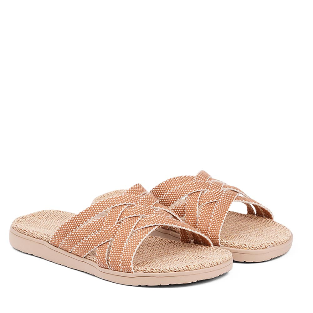 This sumptuous sandal is composed of luxuriantly soft and resilient gum rubber, with a natural jute innersole. The closely woven cotton straps infuse a delicate and fanciful aesthetic, providing an effortless sophistication for any ensemble.