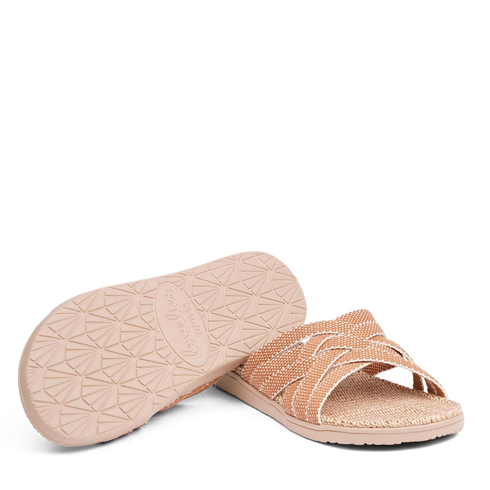 This sumptuous sandal is composed of luxuriantly soft and resilient gum rubber, with a natural jute innersole. The closely woven cotton straps infuse a delicate and fanciful aesthetic, providing an effortless sophistication for any ensemble.
