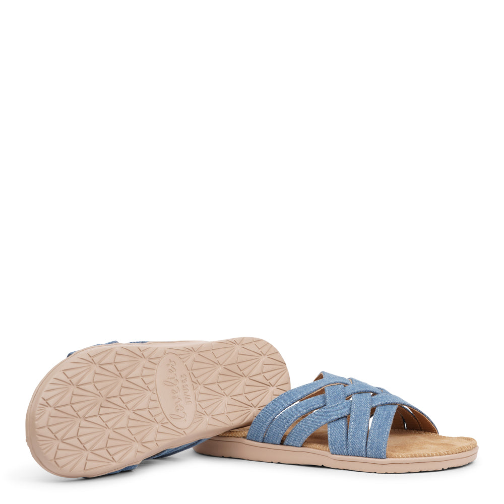 Say hello to the captivating Matara sandal, drawing inspiration from the stunning coasts of Sri Lanka. This sandal is a luxurious treat, featuring durable rubber embraced by velvety suede. With delicate denim straps adding a playful flair, it effortlessly enhances any ensemble. It's the ultimate blend of chic and trendy style.