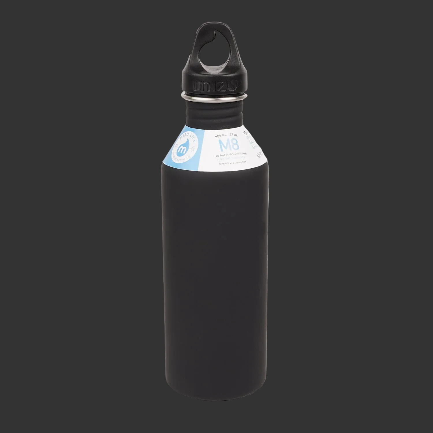 800 ml single wall stainless steel bottle with a black loop cap. The M8 stainless steel bottle from Mizu has the perfect size and will fit perfect in your car or in your sports bag.