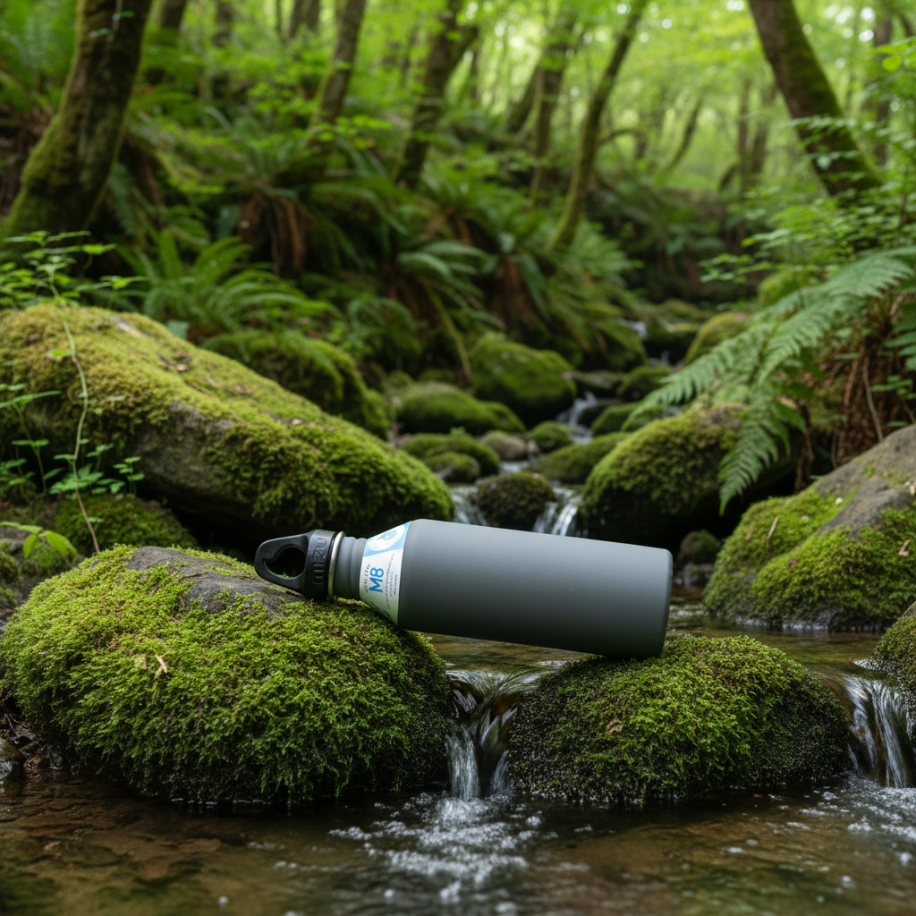 800 ml single wall stainless steel bottle with a black loop cap. The M8 stainless steel bottle from Mizu has the perfect size and will fit perfect in your car or in your sports bag.