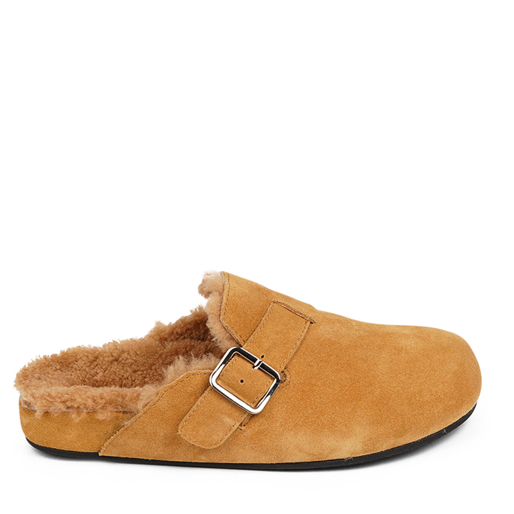 Lovelies Studio - Suede Mules with adjustable buckle and curly shearling lining  Lovelies shearling mules will bring softness and warmth to your feet. The combination of soft curly shearling and the durable rubber sole guarantees the utmost comfort to the wearer. 