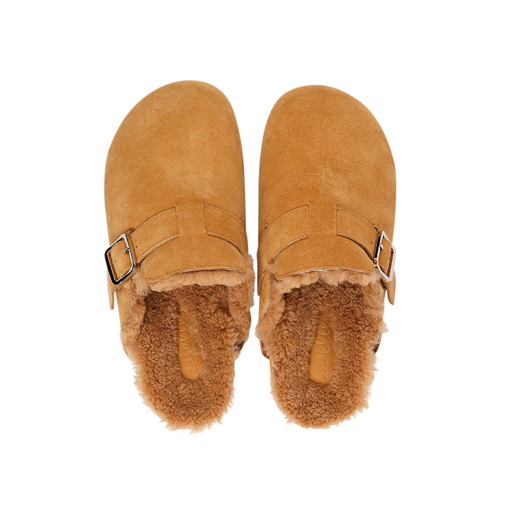 Lovelies Studio - Suede Mules with adjustable buckle and curly shearling lining Lovelies shearling mules will bring softness and warmth to your feet. The combination of soft curly shearling and the durable rubber sole guarantees the utmost comfort to the wearer.