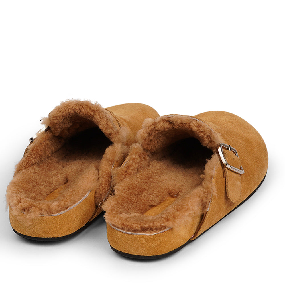 Lovelies Studio - Suede Mules with adjustable buckle and curly shearling lining Lovelies shearling mules will bring softness and warmth to your feet. The combination of soft curly shearling and the durable rubber sole guarantees the utmost comfort to the wearer.