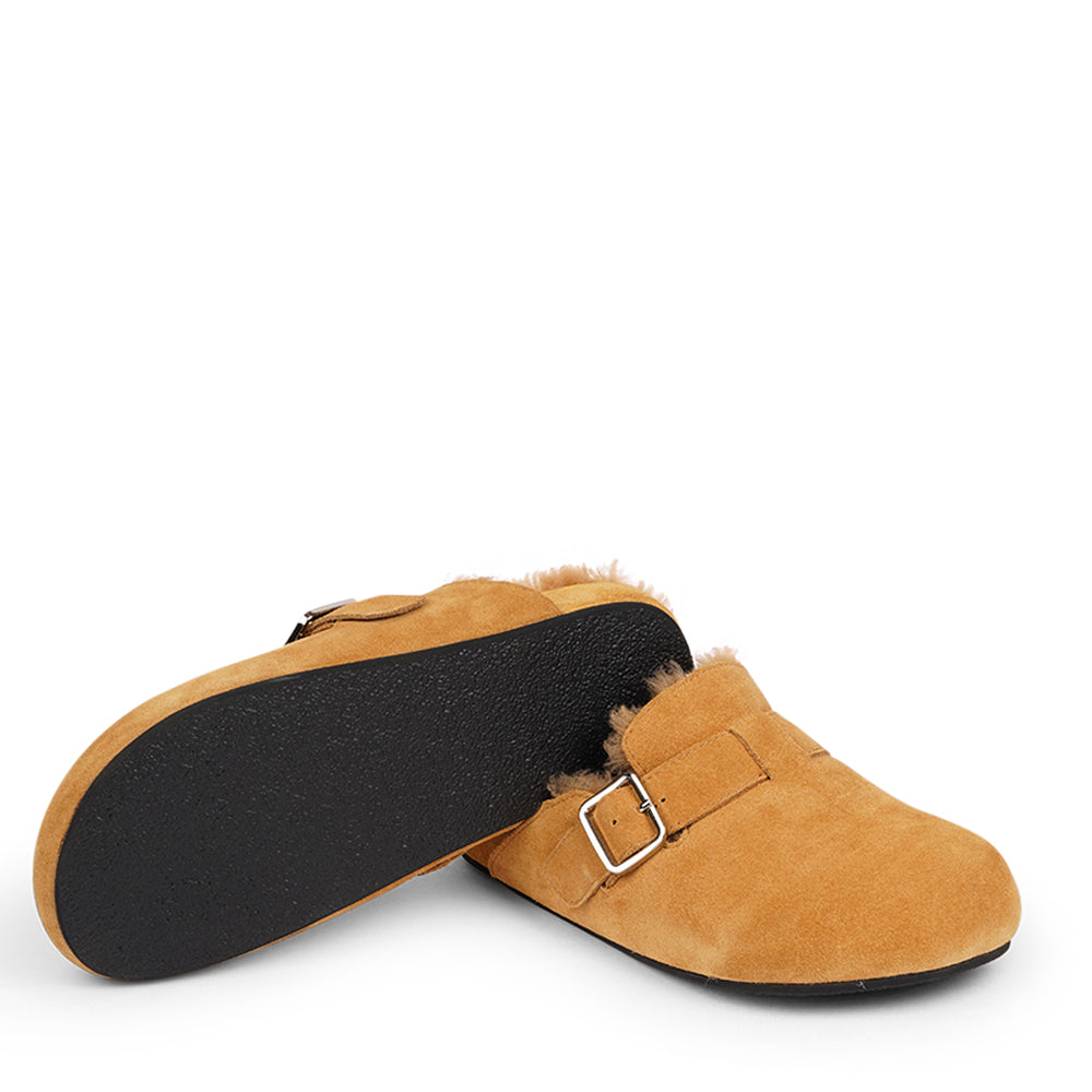 Lovelies Studio - Suede Mules with adjustable buckle and curly shearling lining  Lovelies shearling mules will bring softness and warmth to your feet. The combination of soft curly shearling and the durable rubber sole guarantees the utmost comfort to the wearer. 