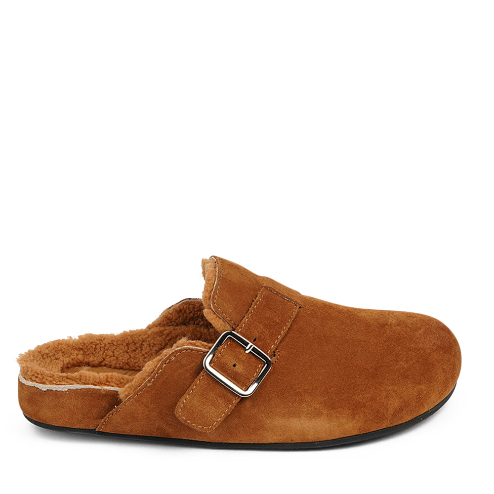 Lovelies Studio - Suede Mules with adjustable buckle and curly shearling lining Lovelies shearling mules will bring softness and warmth to your feet. The combination of soft curly shearling and the durable rubber sole guarantees the utmost comfort to the wearer.