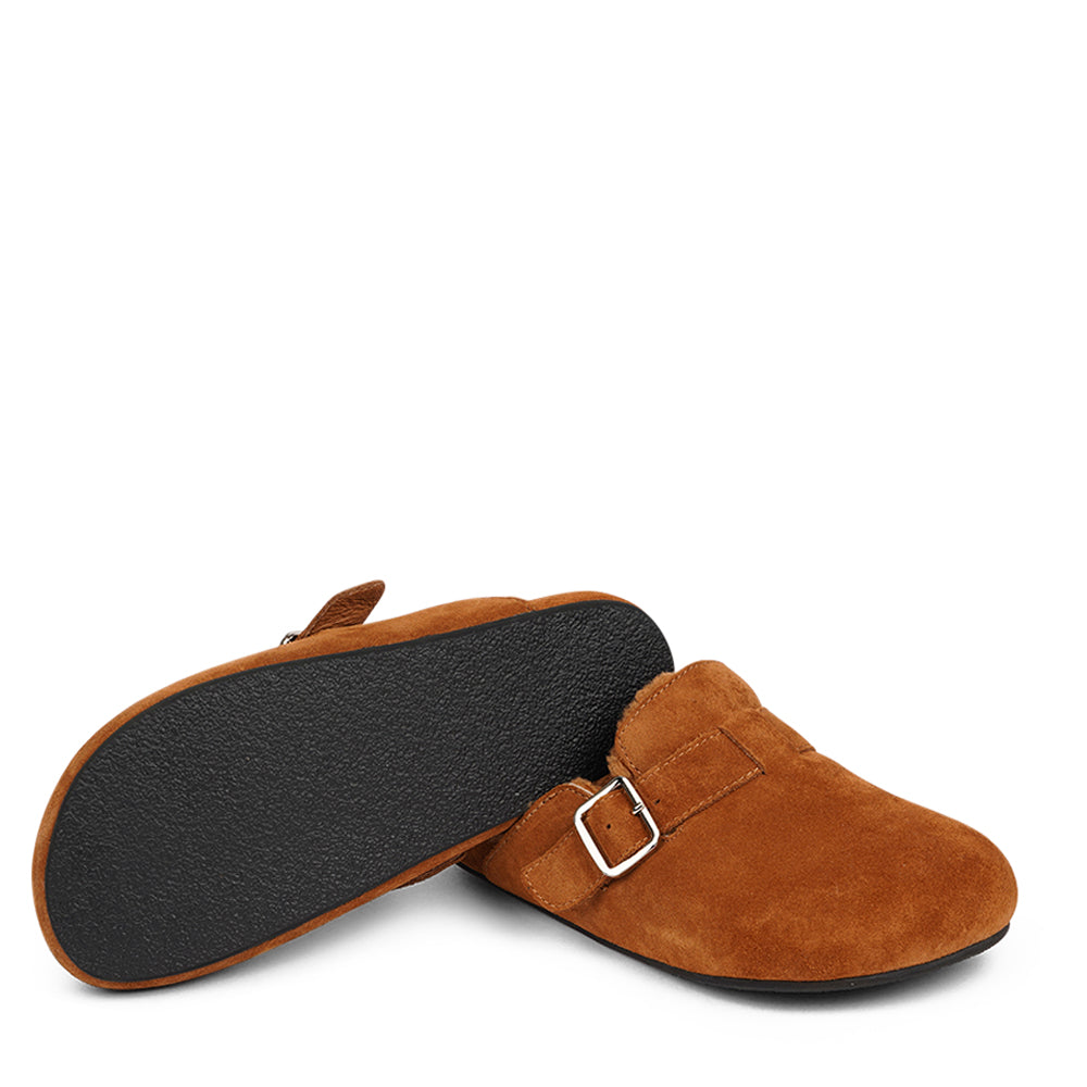 Lovelies Studio - Suede Mules with adjustable buckle and curly shearling lining Lovelies shearling mules will bring softness and warmth to your feet. The combination of soft curly shearling and the durable rubber sole guarantees the utmost comfort to the wearer.