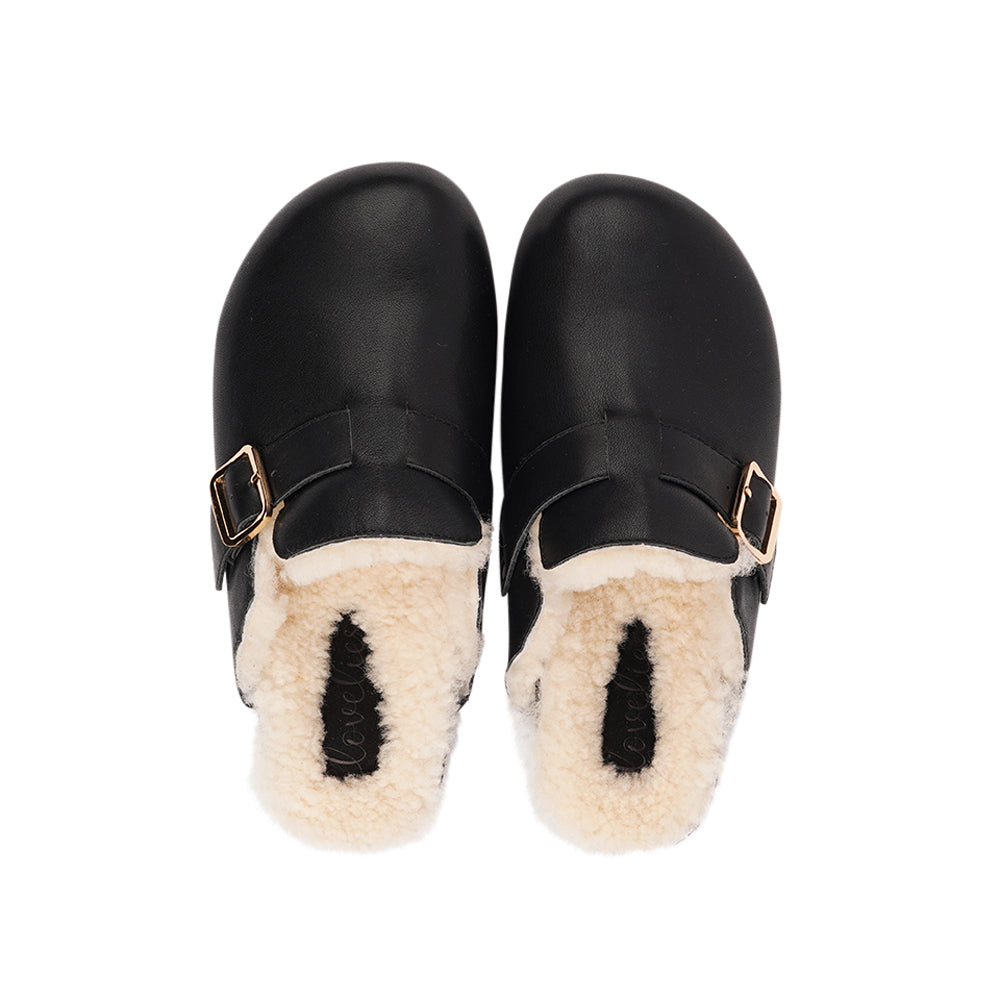 Lovelies Studio - Leather Mules with adjustable buckle and curly shearling lining Lovelies shearling mules will bring softness and warmth to your feet this winter. The combination of soft curly shearling and the durable rubber sole guarantees the utmost comfort to the wearer.