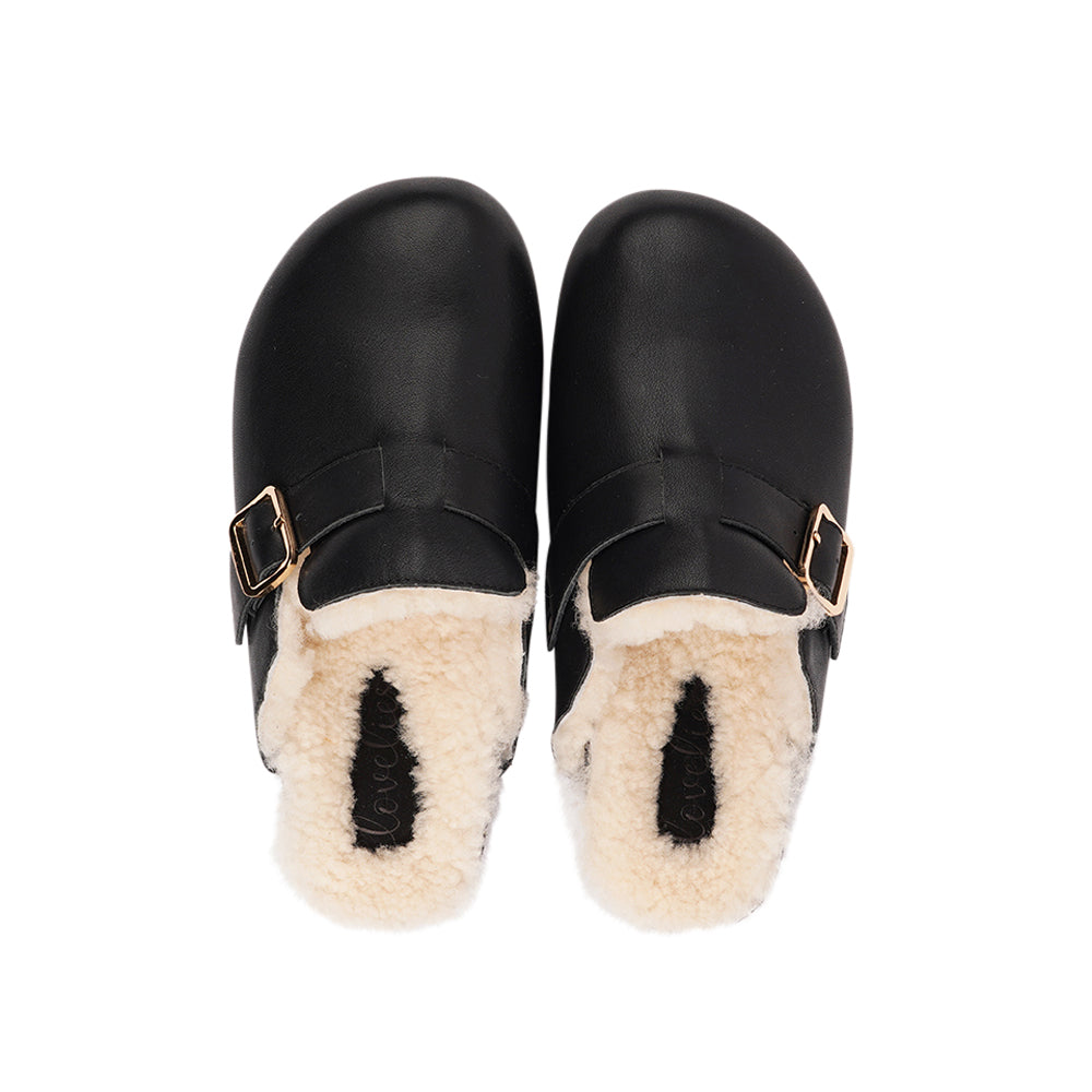 Lovelies Studio - Leather Mules with adjustable buckle and curly shearling lining  Lovelies shearling mules will bring softness and warmth to your feet this winter. The combination of soft curly shearling and the durable rubber sole guarantees the utmost comfort to the wearer.