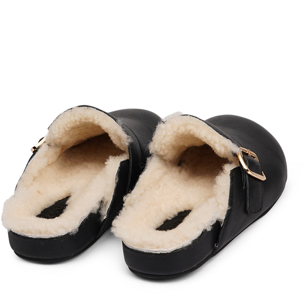 Lovelies Studio - Leather Mules with adjustable buckle and curly shearling lining Lovelies shearling mules will bring softness and warmth to your feet this winter. The combination of soft curly shearling and the durable rubber sole guarantees the utmost comfort to the wearer.