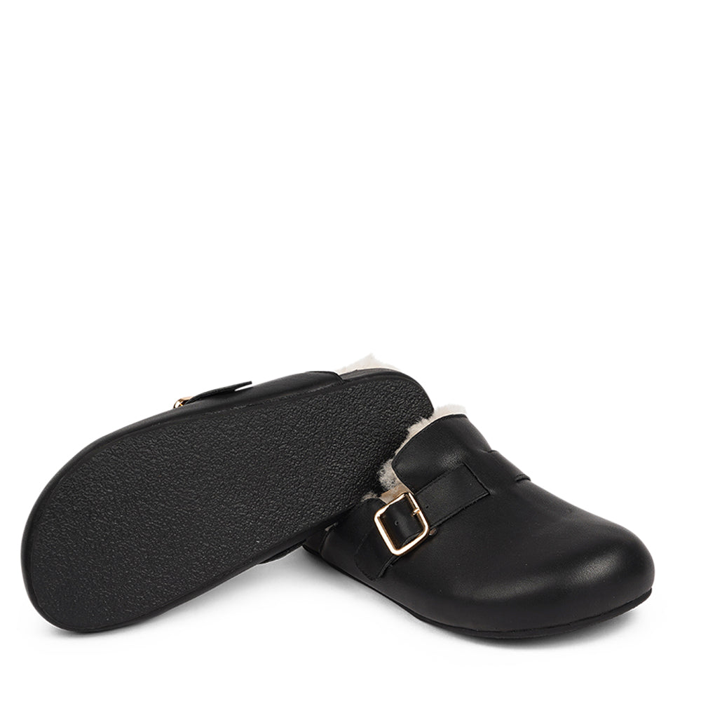 Lovelies Studio - Leather Mules with adjustable buckle and curly shearling lining Lovelies shearling mules will bring softness and warmth to your feet this winter. The combination of soft curly shearling and the durable rubber sole guarantees the utmost comfort to the wearer.