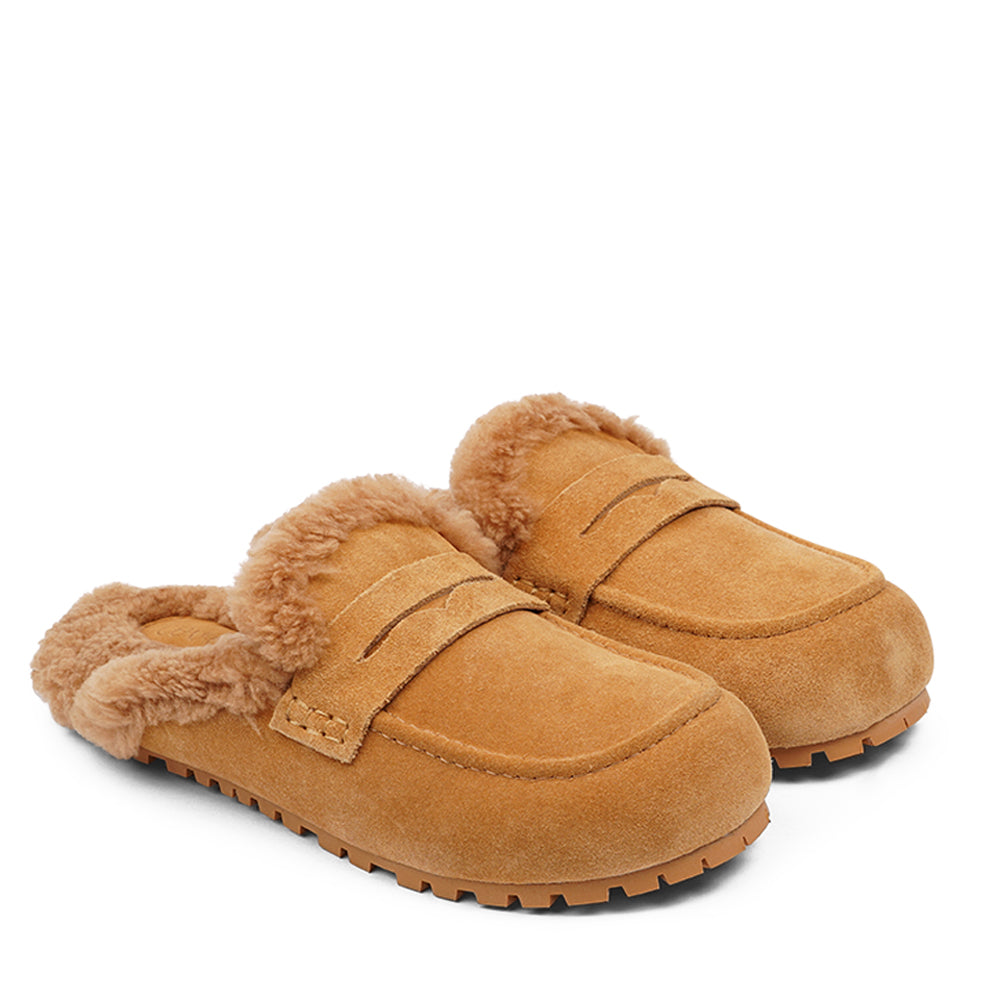 Rees - Lovelies Studio.  Suede Mules with curly shearling lining Lovelies shearling mules will bring softness and warmth to your feet this autumn. The combination of soft curly shearling and the durable cork and rubber sole and guarantees the utmost comfort to the wearer.