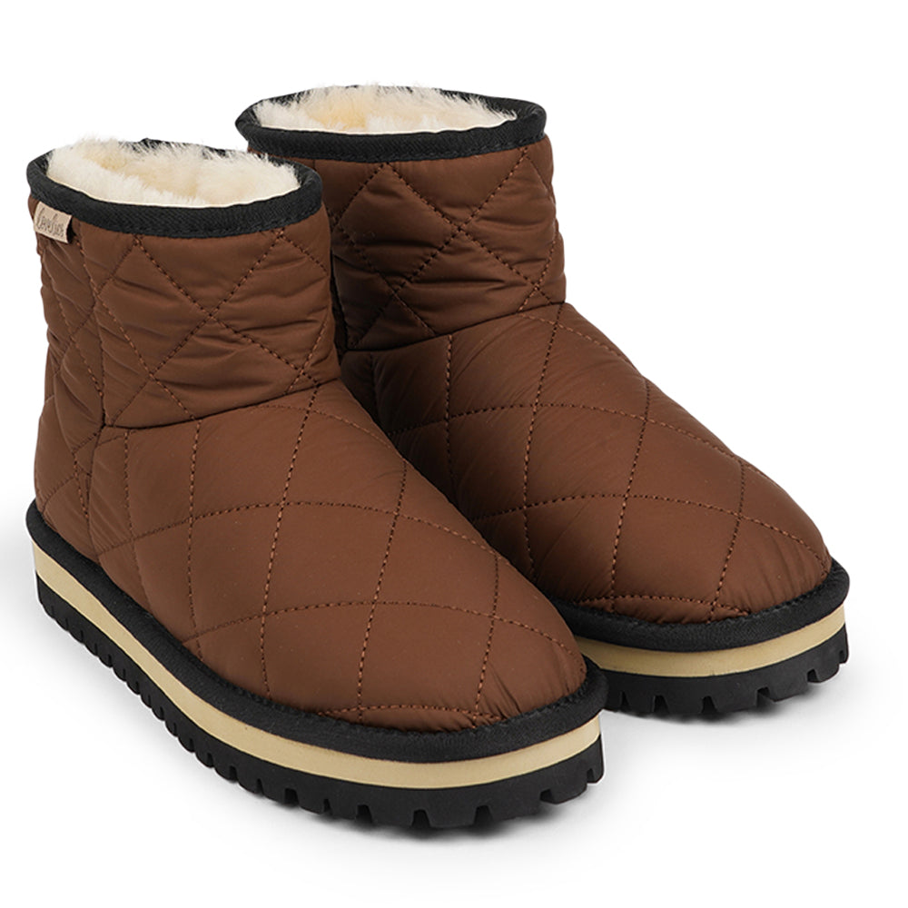 Designed to keep your feet cozy and stylish all autumn long. Experience ultimate softness and warmth as the luxurious shearling lining wraps your feet in comfort.  With their soft and durable rubber soles, these boots provide a perfect combination of flexibility and durability, making them ideal for the wintertime. No need to worry about wet weather – the quilted nylon material is water-resistant, keeping your feet dry and comfortable even on rainy days.