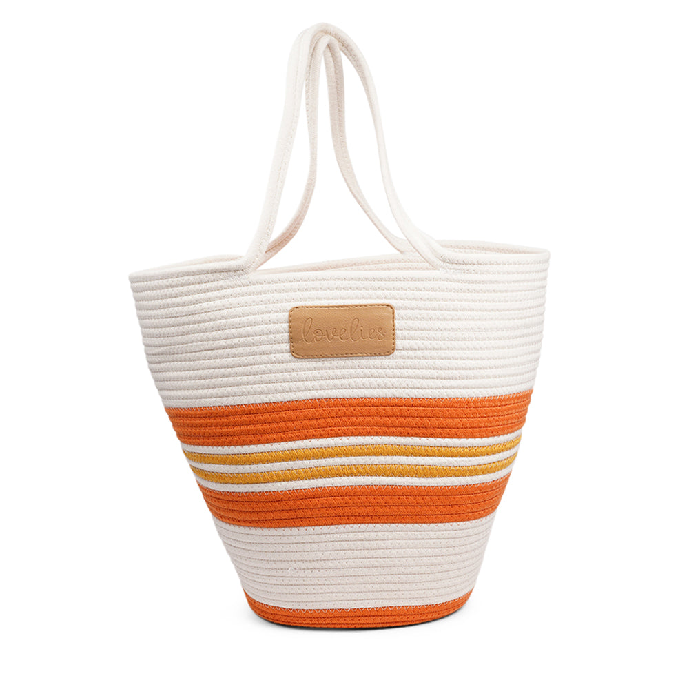 Lovelies Studio - Meet the SILVI beach bag - it's all about simple, laid-back cool. Crafted from sturdy cotton ropes, this bag is built to last and adds a touch of natural charm to your beach essentials. The SILVI keeps it sleek with a clean white top, oozing effortless style. But it's got a playful side too, with a belt of colors and a matching solid color bottom that really makes it stand out.