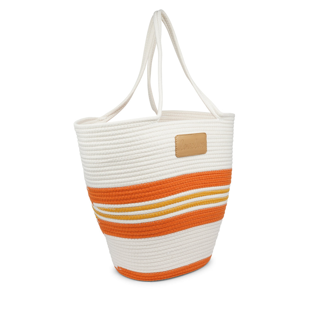 Lovelies Studio - Meet the SILVI beach bag - it's all about simple, laid-back cool. Crafted from sturdy cotton ropes, this bag is built to last and adds a touch of natural charm to your beach essentials. The SILVI keeps it sleek with a clean white top, oozing effortless style. But it's got a playful side too, with a belt of colors and a matching solid color bottom that really makes it stand out.