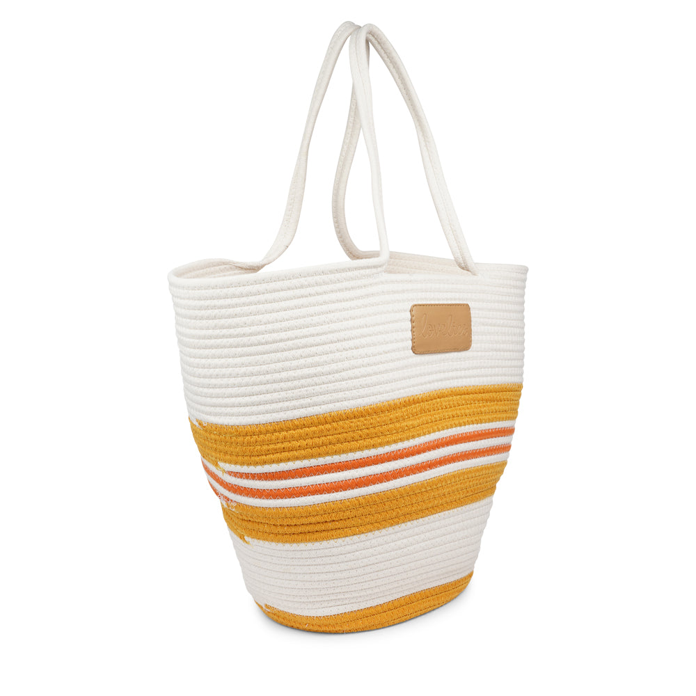 Lovelies Studio - Meet the SILVI beach bag - it's all about simple, laid-back cool. Crafted from sturdy cotton ropes, this bag is built to last and adds a touch of natural charm to your beach essentials. The SILVI keeps it sleek with a clean white top, oozing effortless style. But it's got a playful side too, with a belt of colors and a matching solid color bottom that really makes it stand out.