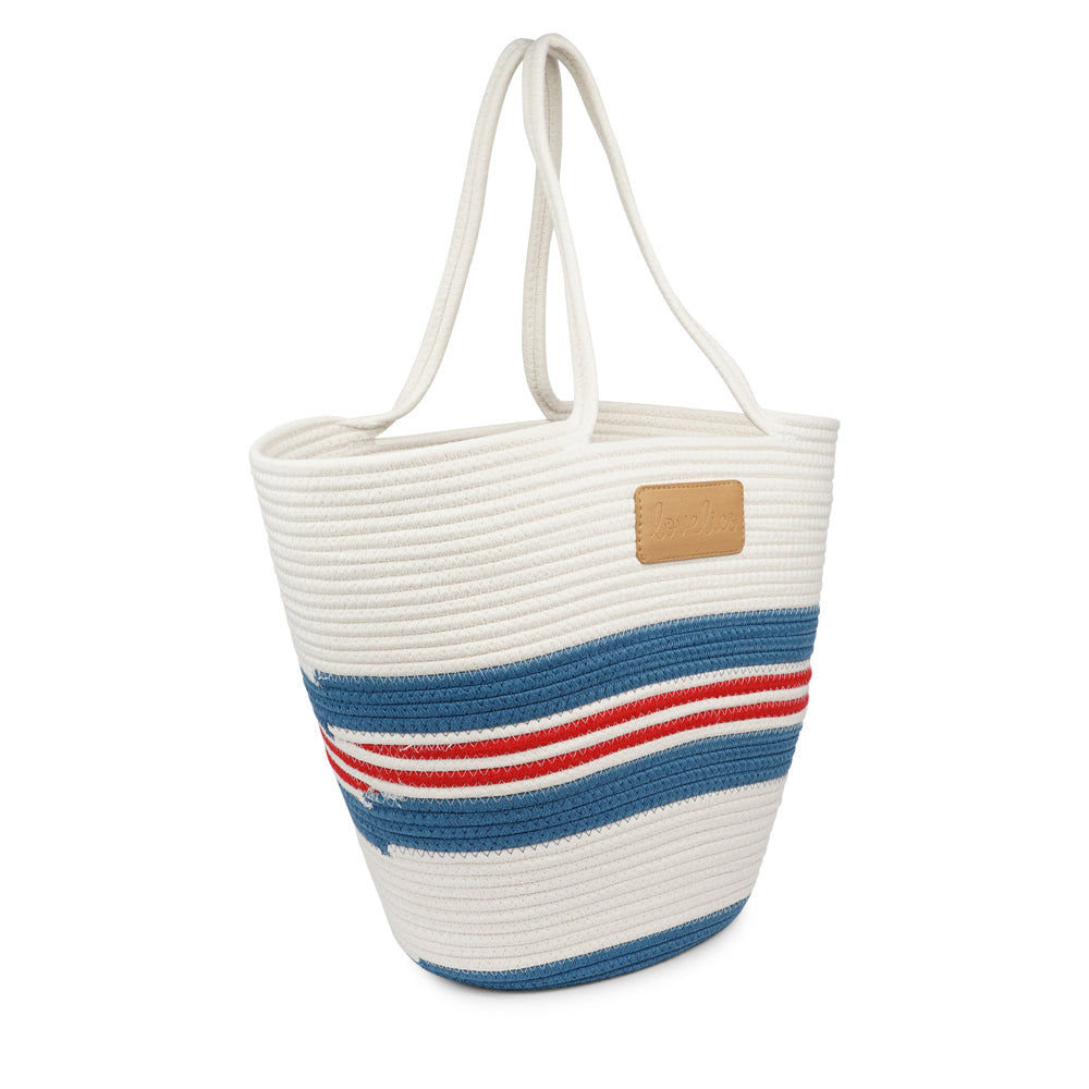 Lovelies Studio - Meet the SILVI beach bag - it's all about simple, laid-back cool. Crafted from sturdy cotton ropes, this bag is built to last and adds a touch of natural charm to your beach essentials. The SILVI keeps it sleek with a clean white top, oozing effortless style. But it's got a playful side too, with a belt of colors and a matching solid color bottom that really makes it stand out.