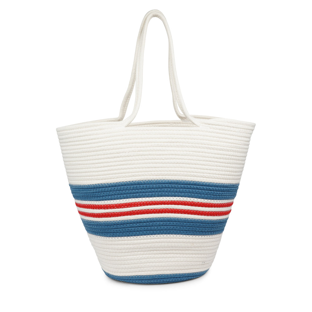 Lovelies Studio - Meet the SILVI beach bag - it's all about simple, laid-back cool. Crafted from sturdy cotton ropes, this bag is built to last and adds a touch of natural charm to your beach essentials. The SILVI keeps it sleek with a clean white top, oozing effortless style. But it's got a playful side too, with a belt of colors and a matching solid color bottom that really makes it stand out.