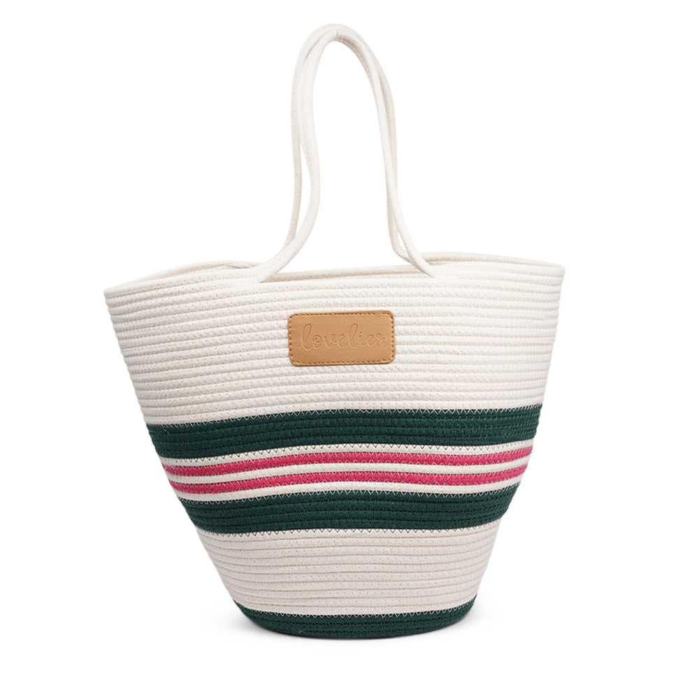 Lovelies Studio - Meet the SILVI beach bag - it's all about simple, laid-back cool. Crafted from sturdy cotton ropes, this bag is built to last and adds a touch of natural charm to your beach essentials. The SILVI keeps it sleek with a clean white top, oozing effortless style. But it's got a playful side too, with a belt of colors and a matching solid color bottom that really makes it stand out.