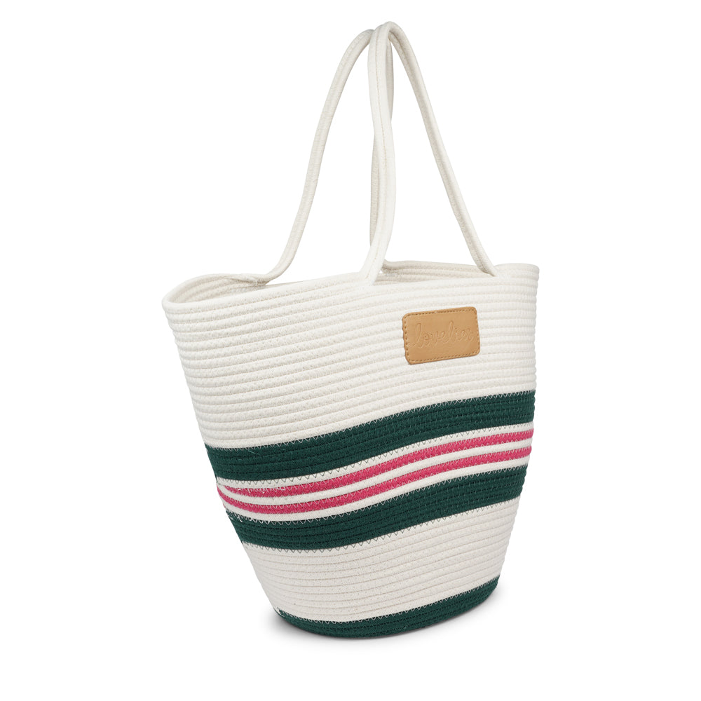 Lovelies Studio - Meet the SILVI beach bag - it's all about simple, laid-back cool. Crafted from sturdy cotton ropes, this bag is built to last and adds a touch of natural charm to your beach essentials. The SILVI keeps it sleek with a clean white top, oozing effortless style. But it's got a playful side too, with a belt of colors and a matching solid color bottom that really makes it stand out.