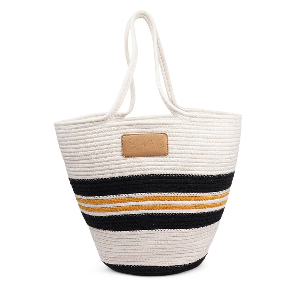 Lovelies Studio - Meet the SILVI beach bag - it's all about simple, laid-back cool. Crafted from sturdy cotton ropes, this bag is built to last and adds a touch of natural charm to your beach essentials. The SILVI keeps it sleek with a clean white top, oozing effortless style. But it's got a playful side too, with a belt of colors and a matching solid color bottom that really makes it stand out.