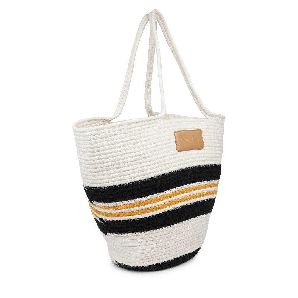 Lovelies Studio - Meet the SILVI beach bag - it's all about simple, laid-back cool. Crafted from sturdy cotton ropes, this bag is built to last and adds a touch of natural charm to your beach essentials. The SILVI keeps it sleek with a clean white top, oozing effortless style. But it's got a playful side too, with a belt of colors and a matching solid color bottom that really makes it stand out.