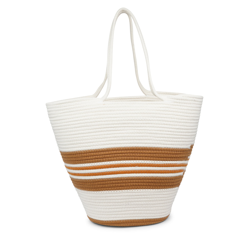 Lovelies Studio - Meet the SILVI beach bag - it's all about simple, laid-back cool. Crafted from sturdy cotton ropes, this bag is built to last and adds a touch of natural charm to your beach essentials. The SILVI keeps it sleek with a clean white top, oozing effortless style. But it's got a playful side too, with a belt of colors and a matching solid color bottom that really makes it stand out.