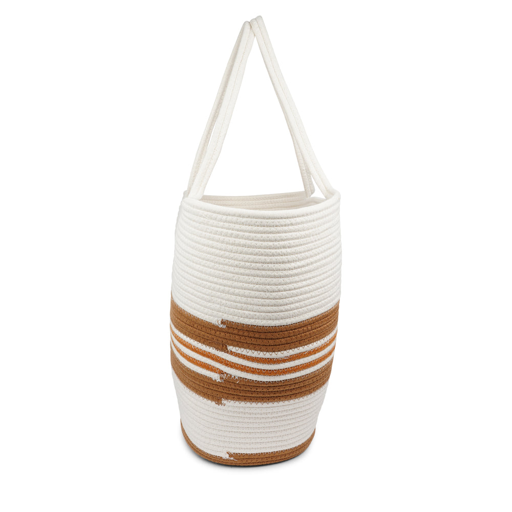 Lovelies Studio - Meet the SILVI beach bag - it's all about simple, laid-back cool. Crafted from sturdy cotton ropes, this bag is built to last and adds a touch of natural charm to your beach essentials. The SILVI keeps it sleek with a clean white top, oozing effortless style. But it's got a playful side too, with a belt of colors and a matching solid color bottom that really makes it stand out.