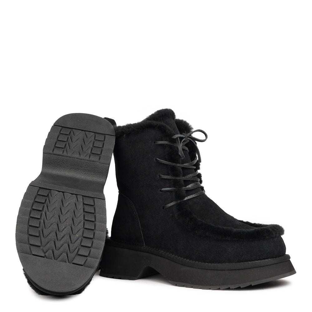 Terzo - Shearling Lace-Up Boots
Meet Terzo - the boots that bring cool comfort to cold days. Crafted from soft natural shearling with sleek stitching and a laid-back lace-up design, they blend rugged charm with effortless style.
The lightweight EVA rubber sole keeps every step flexible, steady, and comfortable - so you can move through winter with ease. Warm, durable, and effortlessly stylish, Terzo is your go-to boot for wherever the season takes you.
