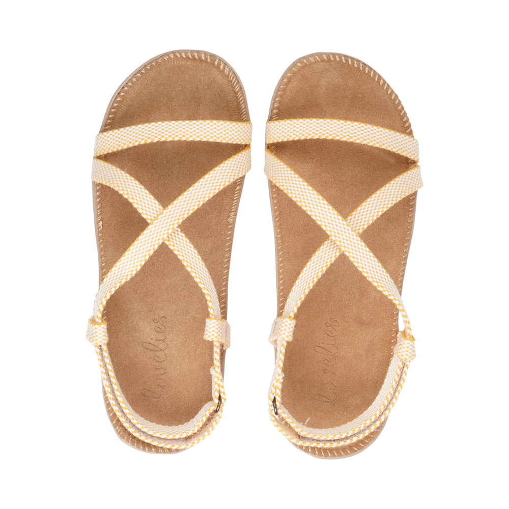 LOVELIES AGUAS BLANCAS - SANDAL - SUEDE SOLE W/ COTTON HEEL STRAP - Artisans Gold , Once you’ve tried Lovelies’ summer sandals you’ll never want to wear any other footwear. With its delicate and soft fabrics, you feel at ease and elegant at the same time. The easy to-go sandals with their striking summer colours are a perfect fit to your feminine summer dresses and your light blue summer jeans. Enjoy your Lovelies!