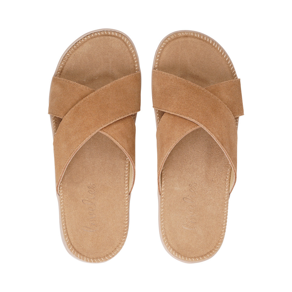 Lovelies Studio - Bellevue cross suede sandal with the most comfortable rubber sole which is covered in exclusive suede. The sandal has a wonderful feminine look and will match your summer dresses and light blue jeans perfectly. Enjoy your lovelies !