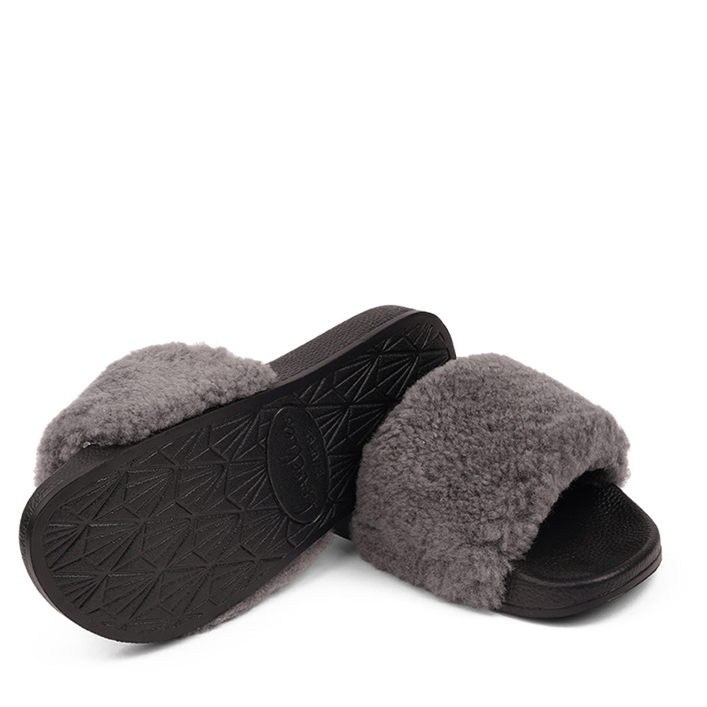 Slides with Australian Shearling upper.  This wonderful slide has a soft and light rubber sole which makes it very comfortable and an all time favorite sandal. The 100% shearling wool will keep you warm or cool you down on hot summer days.