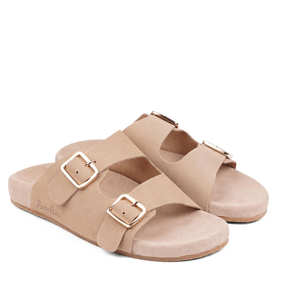 These soft suede leather sandals come with 2 adjustable straps and a full suede covered midsole for the best fit and comfort.  With its delicate and soft fabrics, you feel at ease and elegant at the same time. The easy to-go sandals will fit to your feminine dress or your summer jeans.  Size and fit:  True to size If you are between sizes, we recommend taking the next size up. See our Size Guide  Material:  Outsole / Insole : Rubber  Footbed: Suede leather Lining: Suede leather Upper: Suede leather