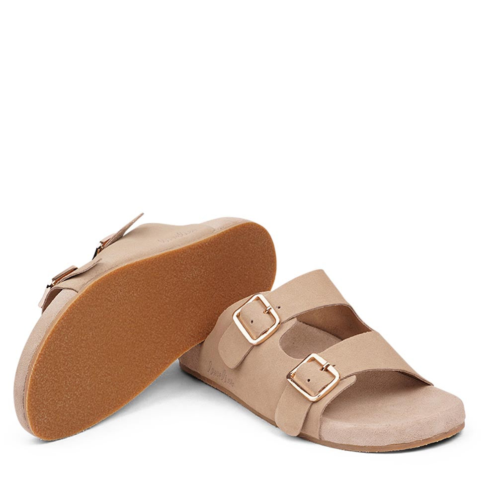 These soft suede leather sandals come with 2 adjustable straps and a full suede covered midsole for the best fit and comfort.  With its delicate and soft fabrics, you feel at ease and elegant at the same time. The easy to-go sandals will fit to your feminine dress or your summer jeans.  Size and fit:  True to size If you are between sizes, we recommend taking the next size up. See our Size Guide  Material:  Outsole / Insole : Rubber  Footbed: Suede leather Lining: Suede leather Upper: Suede leather